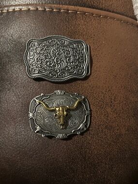 Western Silver-Tone Belt Buckle with Gold Bull Head Accent - Brown
